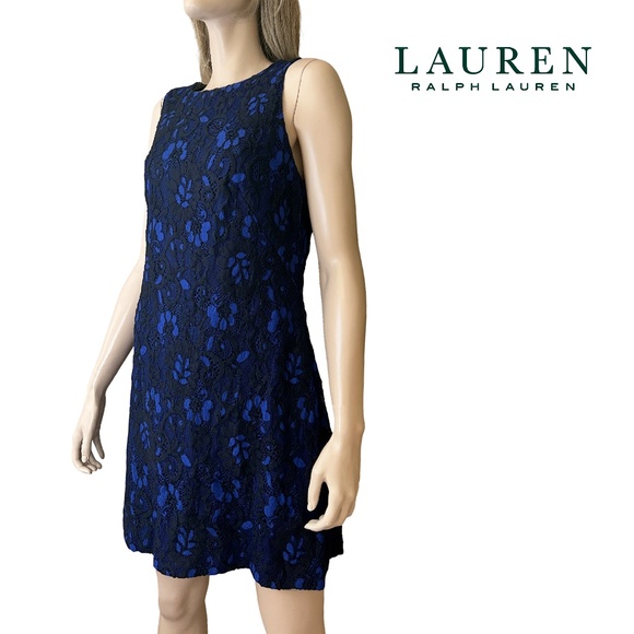 Ralph Lauren Dress Sheath Lace Overlay Royal Blue Cocktail Sleeveless - Picture 14 of 15